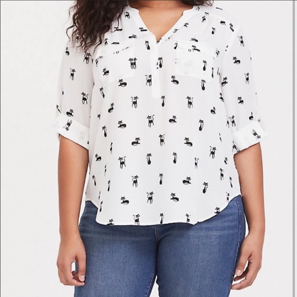 torrid Tops - Torrid Harper Ivory Cat Print Georgette Blouse 2X